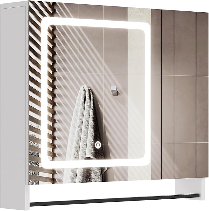 ChooChoo Bathroom Medicine Cabinet with Mirror, Modern Mirror Cabinet with LED Lights, Bathroom Wall Cabinet with Adjustable Shleves, Towel Bar, White