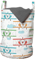 Ambesonne Airplane Laundry Bag Pack of 2, Vintage Single Engine Biplanes in Colorful Sketch Style Aviation Theme, Hamper Basket with Handles Drawstring Closure, 13" x 19", Pale Blue
