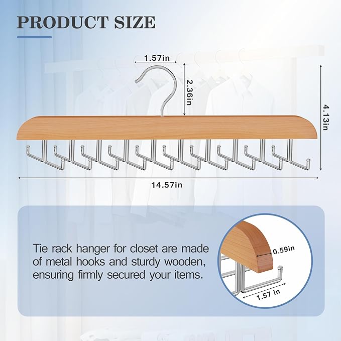 Tie Rack Hanger for Closet 20 Foldable Hooks, 2 Pack Wooden Non Slip Large Capacity Space Saving Tie and Belt Organizer with 360°Rotating Hooks for Tank Tops Bras Scarves Hat