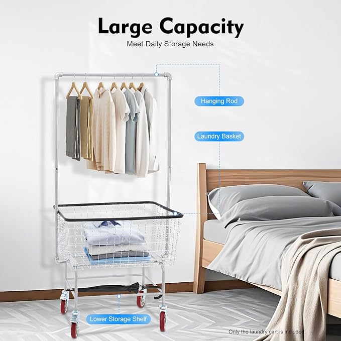 Steel Wire Laundry Cart, Rolling Laundry Basket With Wheels & Hanging Rack, Heavy Duty Large Laundry Basket Cart, Laundry Hamper Organizer for home, hotel, bathroom, commercial laundry