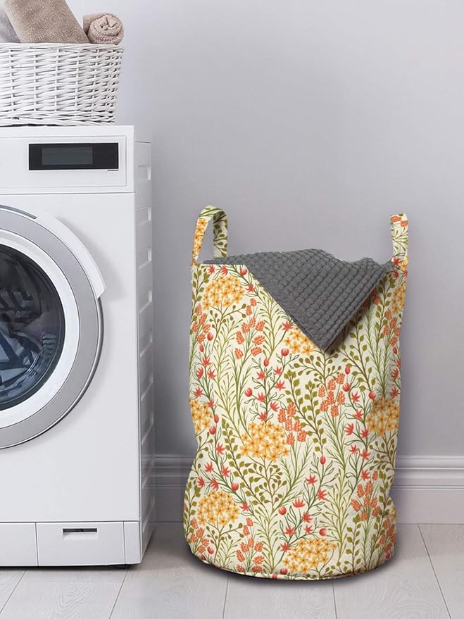 Ambesonne Flower Laundry Bag, Leaves Flowers Old Vintage Ivy Design with Plants Nature Theme Retro Art Print, Hamper Basket with Handles Drawstring Closure for Laundromats, 13" x 19", Green Multicolor