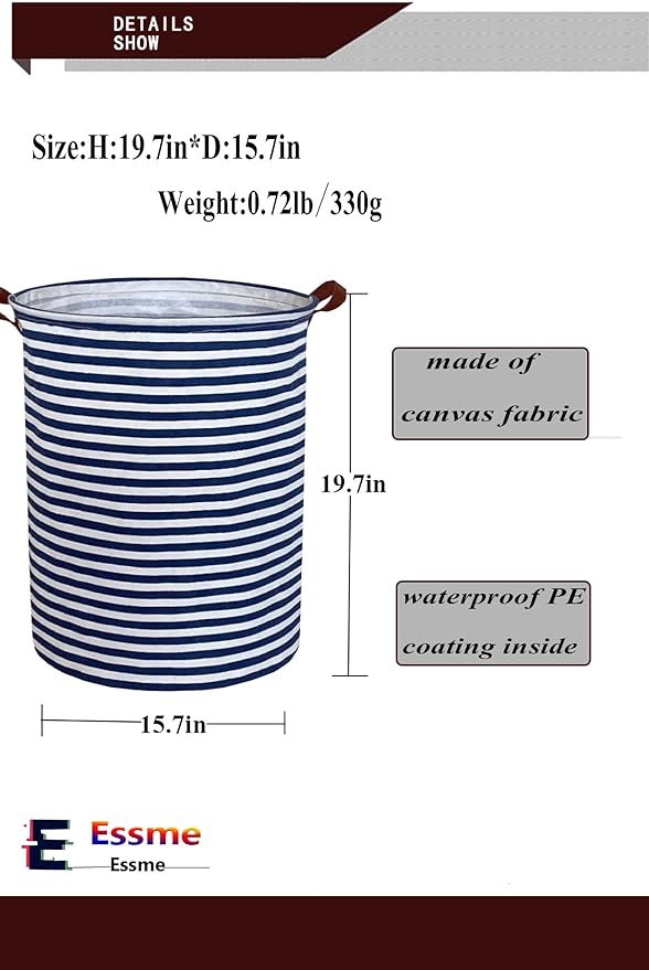 Essme Kids Laundry Hamper,Boys laundry basket,Collapsible Bule storage basket with Waterproof PE Coating,Canvas Fabric Nursery Hamper for Kids Room Decor,Gift,Baby Clothing.(Navy Blue stripes)