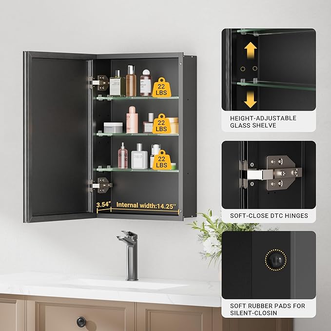 16x24 Pre-Assembled Black Medicine Cabinet with Mirror, Surface or Recessed Medicine Cabinet Mirror for Bathroom, Aluminum Beveled Frame Bathroom Vanity Mirror with Adjustable Shelves Storage