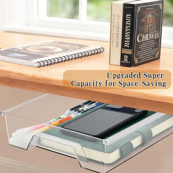 Upgraded Super Capacity 11.85 "x 8.9" Under Desk Drawer Hidden Strorage Drawer Self-Adhesive Slide Out with Smooth Gliding Motion - Attachable & Space-Saving Under Desk Organizer with Screw Kit, Clear