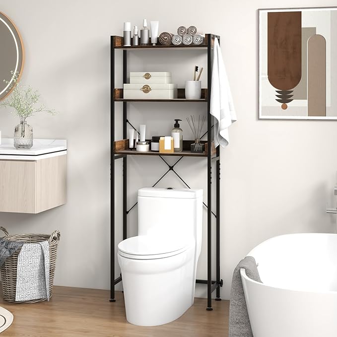 Giantex Over The Toilet Storage Rack, 3-Tier Bathroom Space Saver Organizer with Adjustable Bottom Bar to Fit Most Toilets, Freestanding Above Toilet Storage Rack, Easy Assembly (Brown + Black)