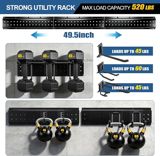 17Pack Garage Tool Organizer Wall Mount 49.5'', 520lbs Heavy Duty Garden Tool Organizer with 17 Adjustable Hooks, Yard Tool Hanger for Shovel Rake Broom Ladder, Easy Assembly Garage Wall
