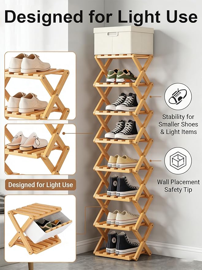 The 9-Tier No-Assembly Bamboo Rack, New Upgrade 9 Tier Bamboo Shoe Rack, Space-Saving Tall Narrow Accordion Shoe Rack for Entryway Closet Dorm (Brown-8)