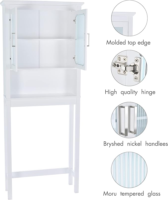 Spirich Over The Toilet Cabinet for Bathroom Storage, Above Toilet Storage Cabinet with Moru Tempered Glass Doors, White