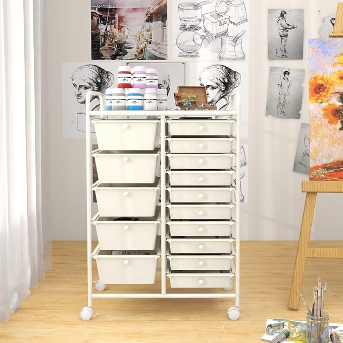 LUARANE Rolling Cart with 15 Drawers, Craft Storage Cart with Portable Handles & Lockable Wheels, Mobile Toys Organizer, Large Capacity Utility Drawer Cart Home Office School Teacher (White)