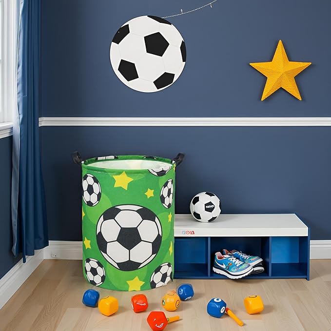 Soccer Kids Laundry Basket Baby Hamper Soccer Toy Storage Bin for Boys Room Decor Baby Nursery Hamper Gift Baskets for Bedroom Bathroom(Green Soccer)