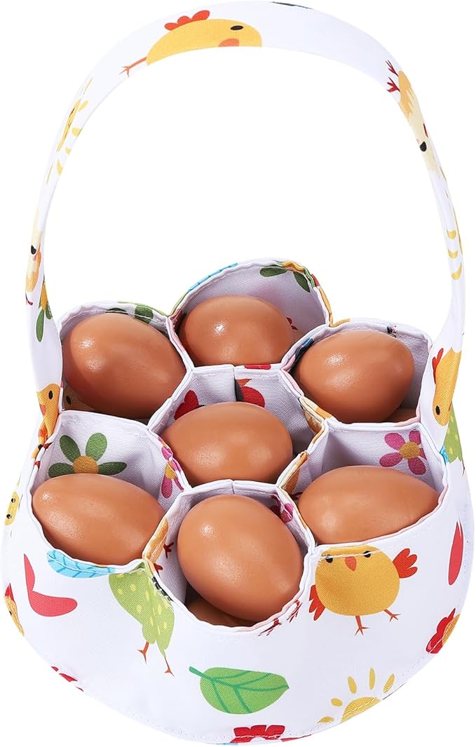 Egg Collecting Basket, Canvas Egg Basket for Gathering with 7 Pouches for Chicken, Duck, Goose, Bird, Various Poultry Collection (Cartoon Chicken Style 2)