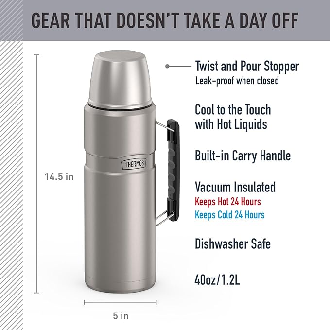 THERMOS Stainless King Vacuum-Insulated Beverage Bottle, 68 Ounce, Matte Steel