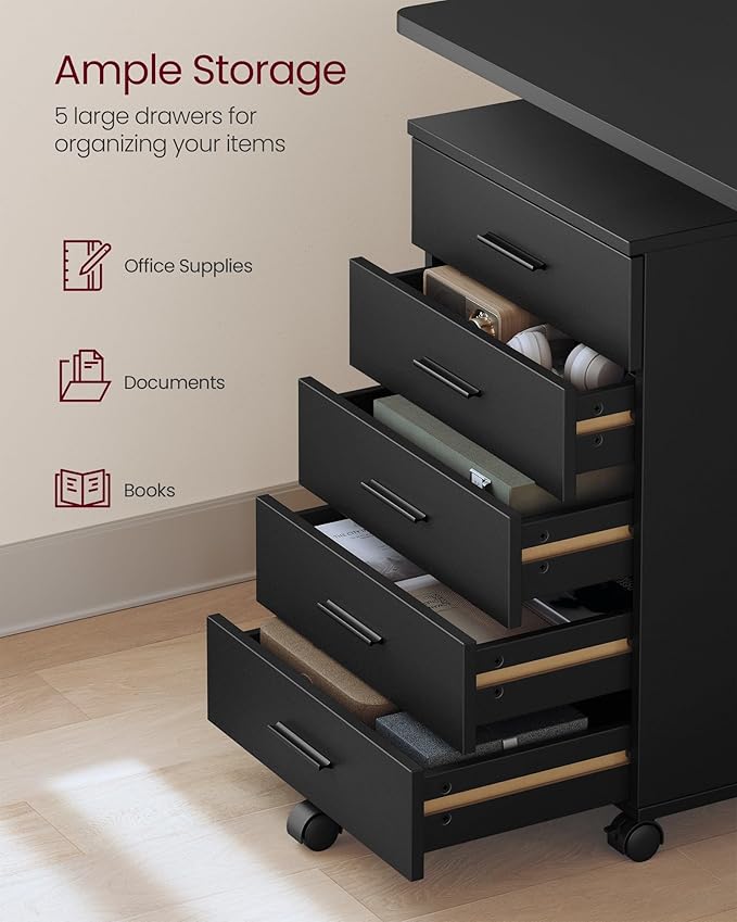 VASAGLE File Cabinet, Mobile Pedestal Filing Cabinet with Wheels, Printer Stand with 5 Drawers, Tool-Free Sliding Rails, for Study, Home Office, Ink Black UOFC081BC02
