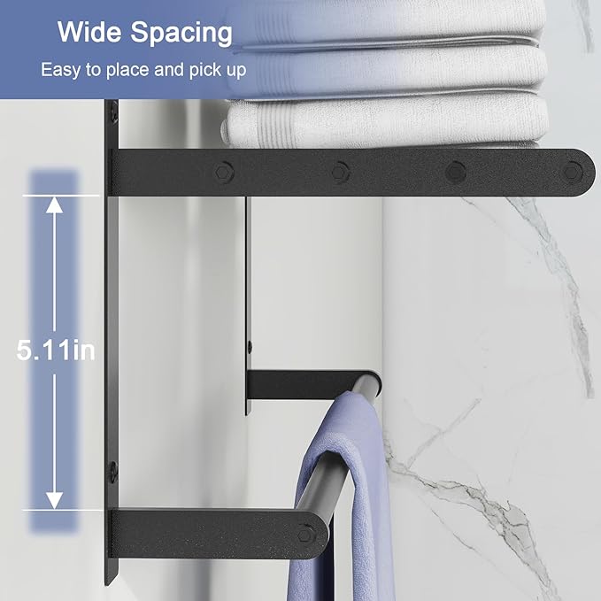 Bathroom Shelf with Towel Bar, 16" Metal Towel Racks for Bathroom Wall Mounted, Rustproof Towel Rack with Shelf Shower Towel Holder Apartment Essentials Bathroom Accessories - Black