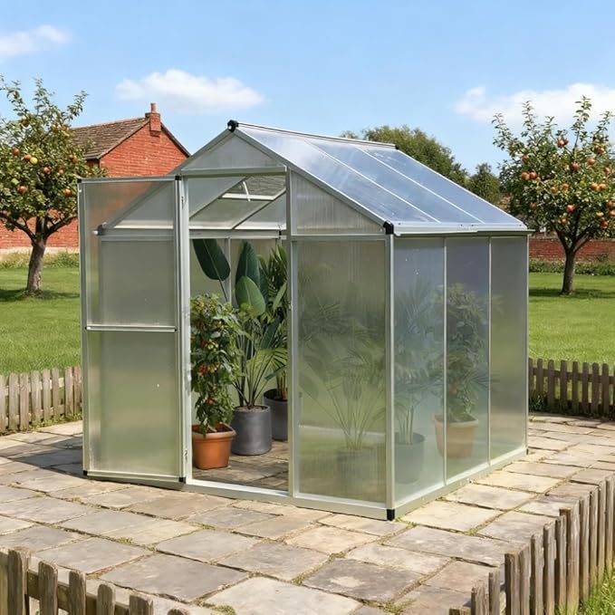 Aluminum Greenhouse with Polycarbonate Panels, Walk-in Garden Greenhouse for Outdoor Plant Growing, Durable Structure for Year-Round Gardening (Silver + Aluminum)