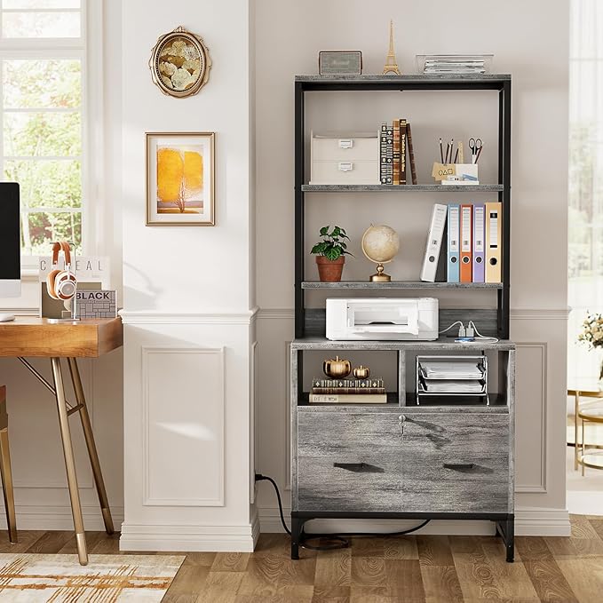 Homieasy File Cabinet with Charging Station, Vertical Filing Cabinet with Lock & Large Drawer, Printer Stand with Storage Shelves, Office Storage Cabinet fits Letter/A4/Legal Size, Light Oak