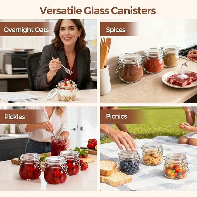ComSaf 6-Pack 17oz Short Glass Storage Jars with Lids, Pint Sized Canning Jars for Jams & Pickling, Airtight Food Canisters for Spices, Nuts, Snacks & Kitchen Drawer Pantry Organization
