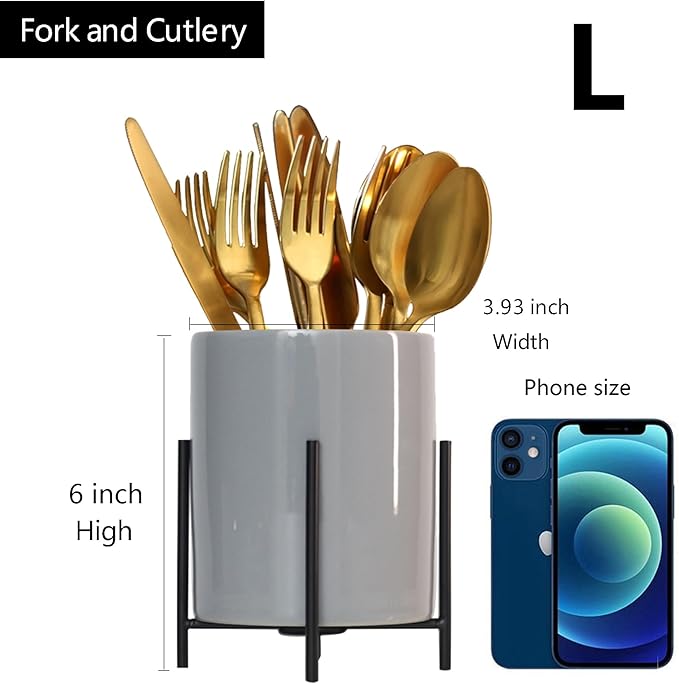 Stable Cutlery Holder White Ceramic With Metal Bracket Robust Silverware Caddy(1 pieces)4.33-3.14 inch Square golden 1pcs