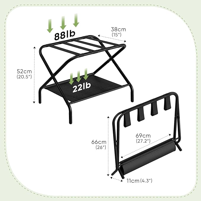 Set of 2 Luggage Rack for Guest Room, Folding Suitcase Stand with Shoe Shelf, Steel Portable Luggage Stand Bedroom, Hotel, Easy Assembly, Hold up to 110 lb, Black