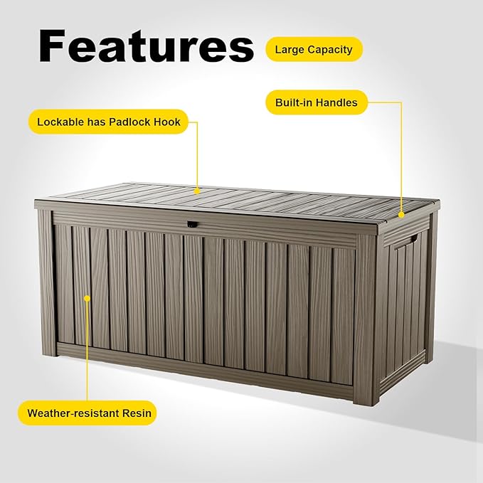 ROJIK 150 Gallon Outdoor Storage Box Waterproof,Weatherproof Deck Boxes Outdoor Lockable,Resin Outside Storage Box for Garden Tools,Cushions,Pool Accessories(Grey,150 Gal)