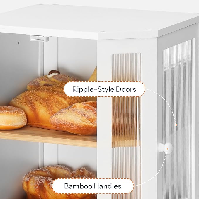 HOOBRO Bamboo Bread Box, Kitchen Countertop Corner Bread Box, Large Capacity 2-Tier Bread Container, Bread Storage Container with Dual Rippled Acrylic Doors, for Kitchen Food Storage, White WT12MB01
