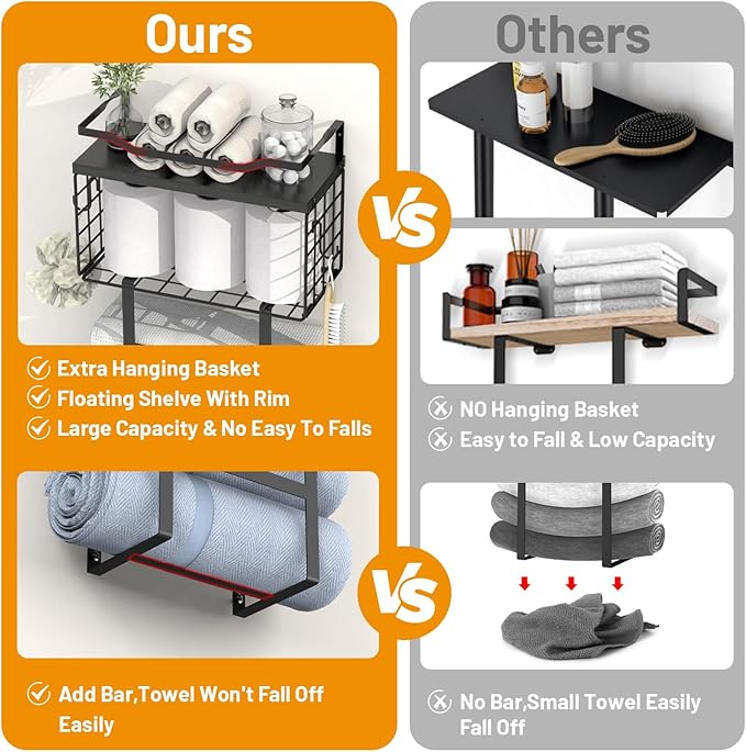 Towel Racks for Bathroom Black, 34IN Rolled Towel Holder, Towel Rack Wall Mounted with 2 Pack Shelf and a Wire Basket, Bathroom Towel Storage and Organizer, Sturdy Metal & Wood