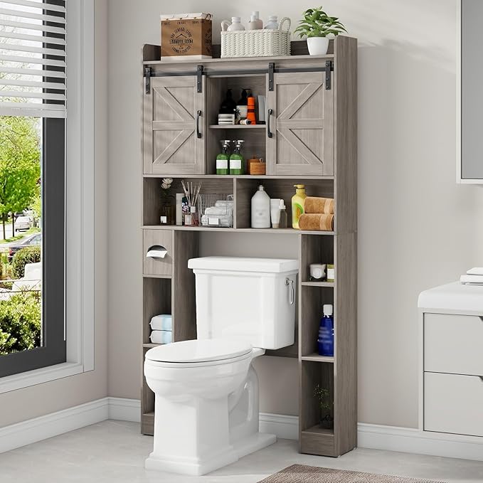 Vabches Farmhouse Storage Cabinet Over Toilet with Sliding Doors, Home Space-Saving Toilet Rack, Over The Toilet Storage Cabinet, Open Storage Shelf, for Bathroom, Laundry, Restroom.Wash Grey