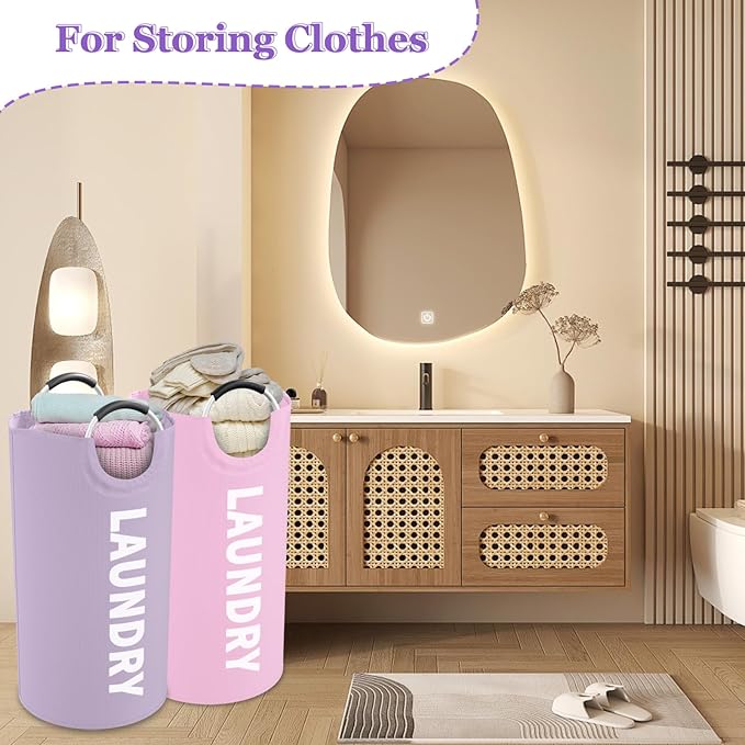 2Pcs 95L Purple + Pink Laundry Basket, Folding Laundry Hampers for Women with Soft Handles, Freestanding Dirty Clothes Basket, Sturdy Oxford Fabric Clothes Hampers for Travel, Dormitory