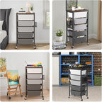 Rolling Cart with 5 Drawers, Plastic Drawer Storage Carts with Wheels & Wooden Tabletop, Metal Utility Cart with Pegboards, Office Living Room Classroom Craft Organization and Storage, Dark Grey