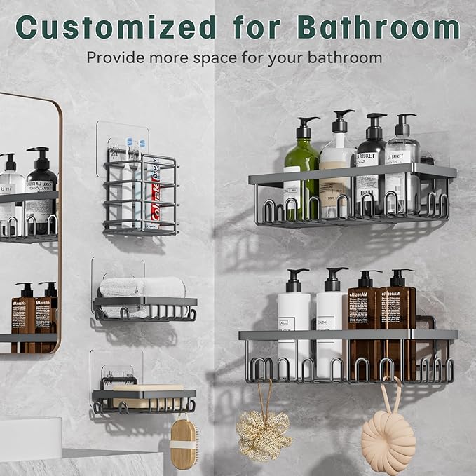 5-Pack Adhesive Shower Caddy, Rustproof Stainless Steel Organizer for Bathroom Storage with Large Capacity, No Drilling Bathroom Caddy with Soap Toothbrush Holder for Kitchen Home Grey