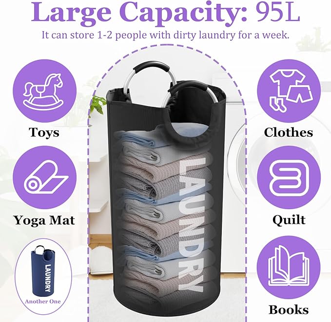 2Pcs 95L Collapsible Laundry Basket for Men, Tall Laundry Basket with Handles, Dirty Clothes Hamper in 600D Oxford Fabric, Freestanding Clothes Hampers for Bedroom, Dorm, Navy Blue + Black