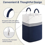 Laundry Basket Hamper,Blanket Storage,Dirty Clothes Hamper with Swivel Handles,Woven Cotton Rope Toy Baskets,Blanket Basket Living Room,Decorative Hampers for Nursery,Bedroom,White & Blue,60L