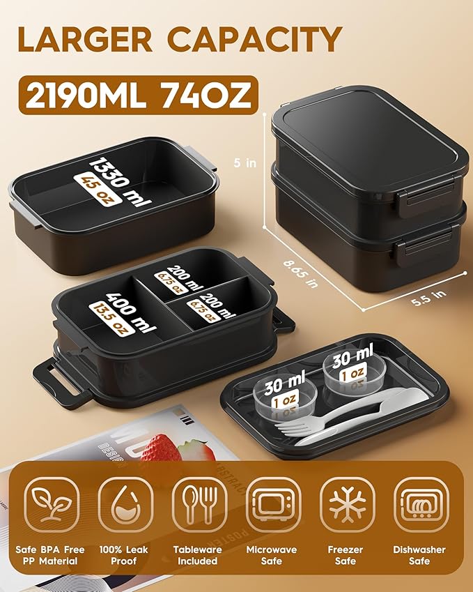 Adults Bento Lunch Box Set with Thermo Bag, 74oz Stackable Leak-proof 3-tiers Bento Box, Built-in Utensil and Sauce Container for Work, School, Dining Out (Black)