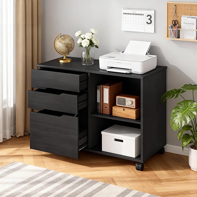 FDW 3 Drawer Lateral File Cabinet Mobile File Cabinet with Open Storage Shelves Office Printer Stand & Under-Desk Organizer with Wheels for Home Office,Black