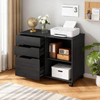FDW 3 Drawer Lateral File Cabinet Mobile File Cabinet with Open Storage Shelves Office Printer Stand & Under-Desk Organizer with Wheels for Home Office,Black