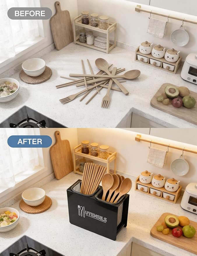 Kitchen Utensil Holder, Metal Silverware Holder with 2 Plastic Cups and Base, Modern Farmhouse Kitchen Decor, Countertop Utensil Organizer for Spoons Cooking Tools (Black)