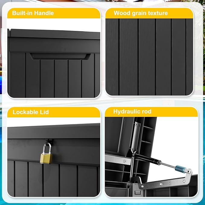 281 Gallon Outdoor Storage Box Waterproof, Large Resin Patio Deck Boxes, Lockable Outdoor Storage Container for Patio Furniture, Garden, and Pool Tools (281 Gallon, Black)