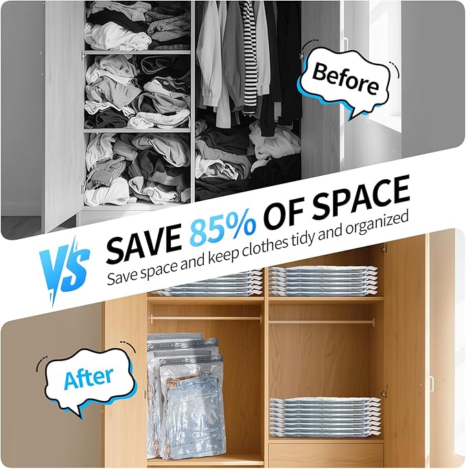 16 PCS Vacuum Seal Bags for Clothing with Electric Air Pump, Compression Space Saver, Vacuum Storage Bags for Luggage, Travel, Blankets, Pillows, Bedding and Moving, Hand Pump Included