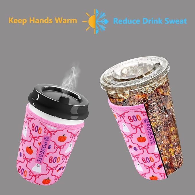 Reusable Neoprene Insulator Sleeve for Iced Coffee & Cold Soda, Coffee Sleeves for Iced & Hot Drinks, Cold Beverage Cooler Compatible with Starbucks, Dunkin (Bow Halloween, Medium: 22-24oz)