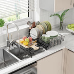 Expandable Dish Drying Rack for Kitchen Counter, Large Capacity Dish Drainer with Utensil Holder & Drip Tray, Space Saving Organizer (12.7"-21.7" x 17"), Black