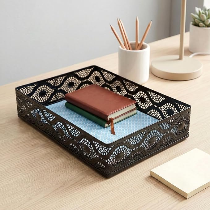 Desk Drawer Organizer, A4 Large Metal Mesh Desk Rrganizer Tray, Carved Hollow Floral Tray, Versatile Storage Box Set for Office Home Supplies,13x9x3 inches (Curved,1 PC)