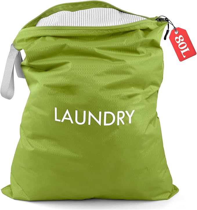WiseBoy Laundry Bag, 23.6x35 inch Oversized Laundry Bags, Travel Laundry Bag Dirty Clothes Organizer, Nylon Wet Dry Storage Bag for College Dorm, Camping, Caravan, Green