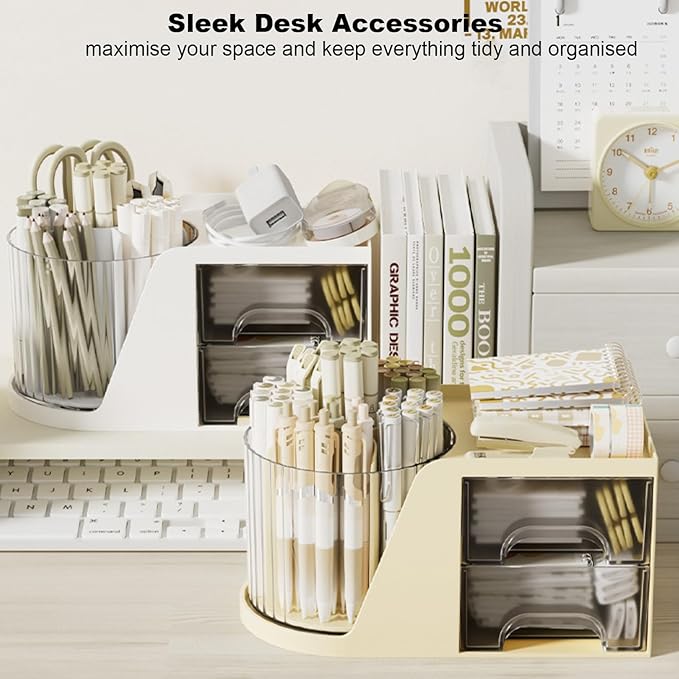 Marte Vanci 360° Rotating Desk Organizer with 2 Drawer, Desktop Rotating Pen Holder with 6 Slots, Small Makeup Organizer, Multifunctional Desk Accessories for Office, Home(Beige)