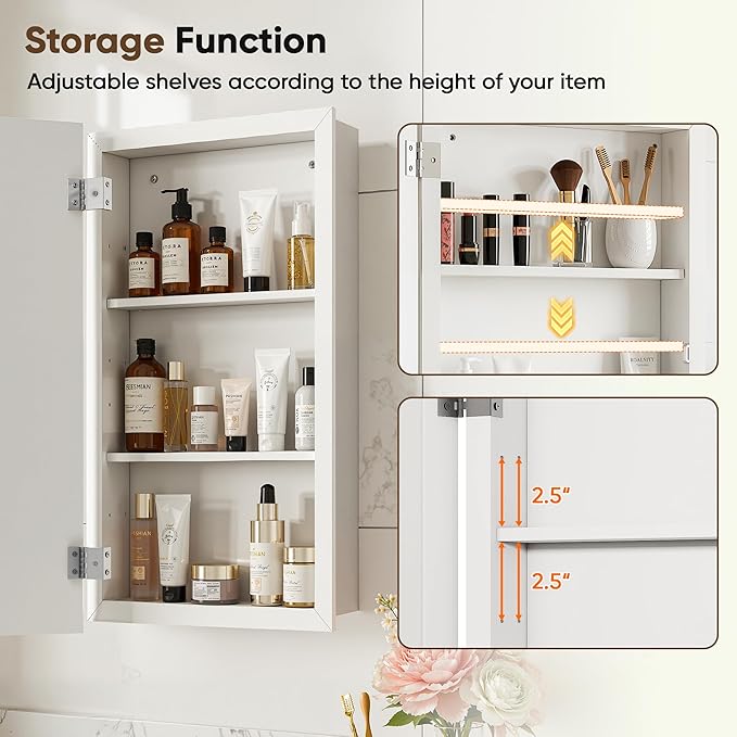 Antok 16x25 Inch Medicine Cabinet with Mirror, Wall Mounted Bathroom Mirror Cabinet, Wooden Medicine Cabinet Mirror, Recessed or Surface, White