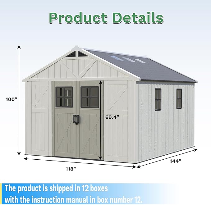 Greesum 10×12FT Plastic Outdoor Storage Shed with Floor and Lockable Door, Resin Sheds with Windows and Skylights, Organization for Garden, Lawn, Pool Supplies, Beige