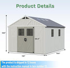 Greesum 10×12FT Plastic Outdoor Storage Shed with Floor and Lockable Door, Resin Sheds with Windows and Skylights, Organization for Garden, Lawn, Pool Supplies, Beige