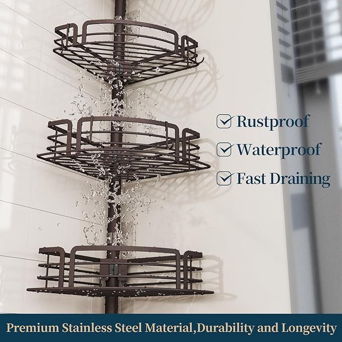 Consumest Corner Shower Caddy Tension Pole - Rustproof Shower Shelves with Towel Bar & Soap Holder, Adjustable Bath Organizer for Bathroom Storage, 27.6-108.3 inch, Bronze