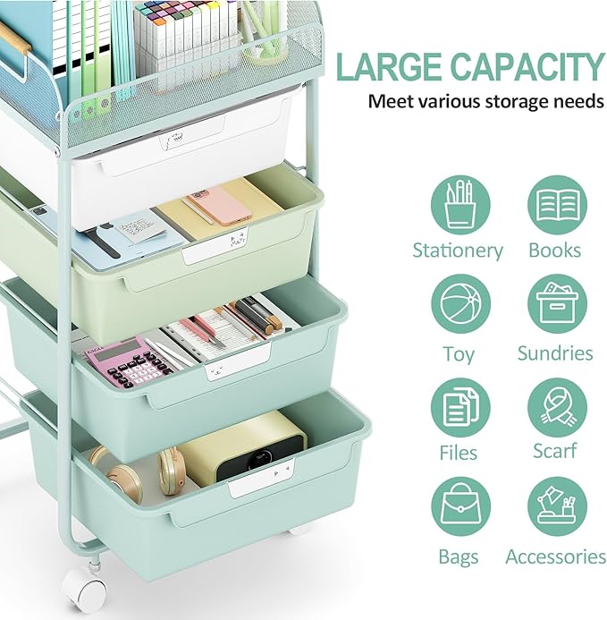 Rolling Utility Storage Cart with 4 Drawers - 4 Tiers Rolling Cart Craft Cart, Storage Drawer Cart Organizer for Craft Room Office Bedroom Classroom with Mesh Top & 4 PCS DIY Lable, Green