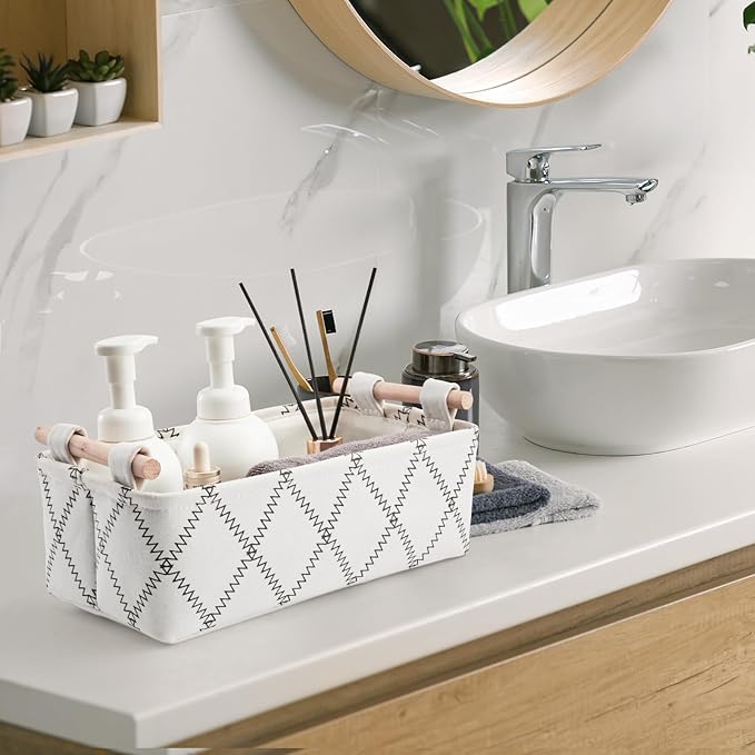 Small Storage Basket for Organizing,Fabric Bathroom Toilet Paper Basket for Tank Top,Decorative Countertop Shelf Cabinet Organizer for Bedroom Livingroom Nursery Boho Home Décor 12.5"×7"×4.5", White