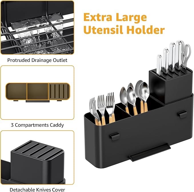 Large Dish Drying Rack – Expandable Dish Rack for Kitchen Counter, Multifunctional Dish Drainer with Cup & Wine Glass Holder, 16.2"-26" L x 17" W, Black